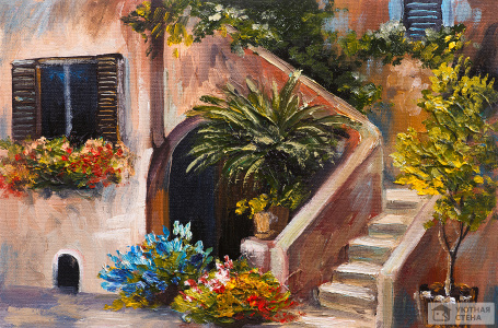 Дворик с лестницей и цветами