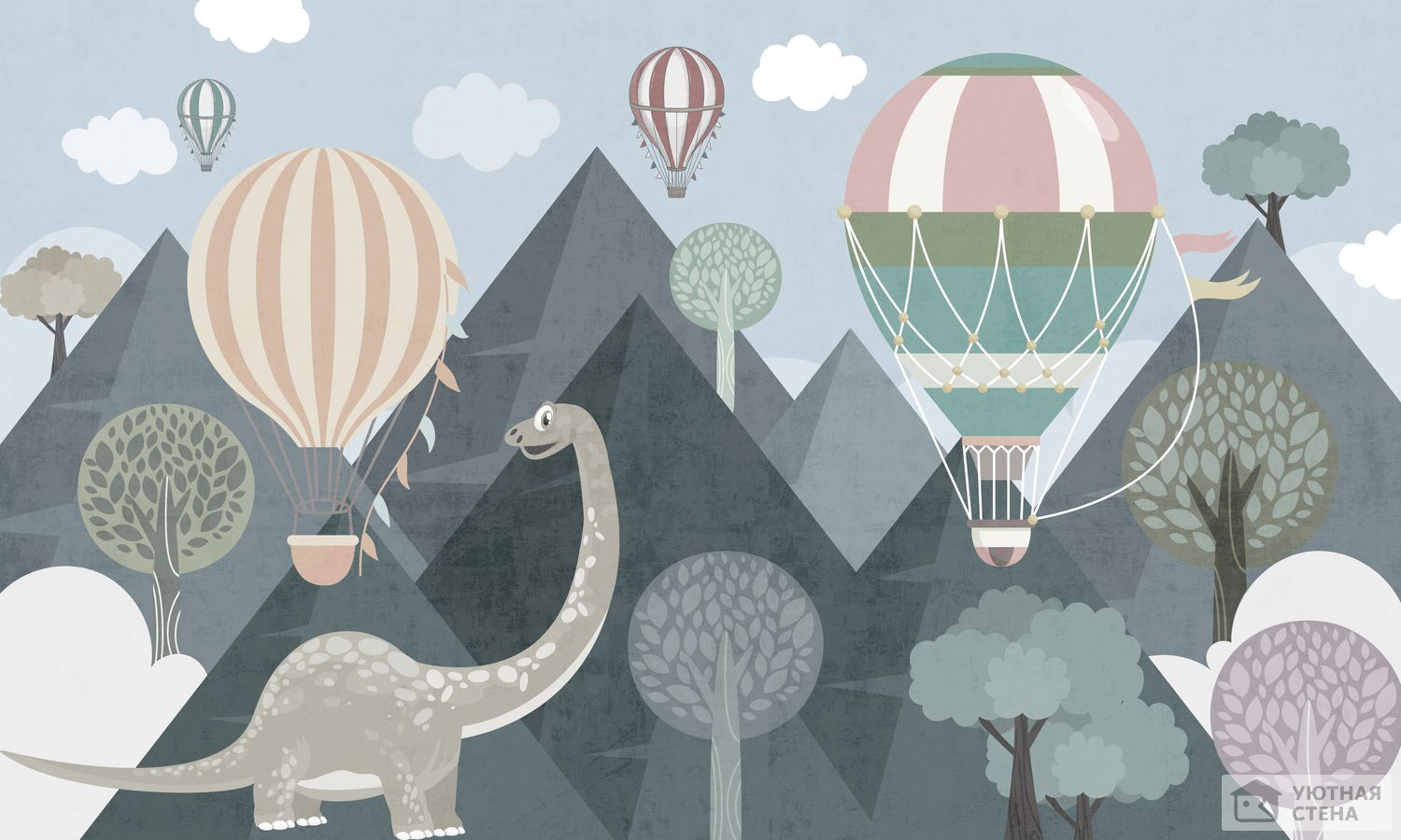 Динозавр и воздушные шары на фоне гор