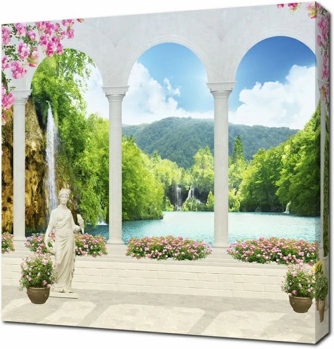 Терраса с видом на водопад и озеро