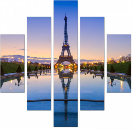 Вид на Эйфелеву башню с фонтанов Трокадеро на рассвете. Париж. Франция