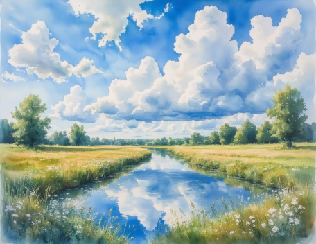 Рисунок реки и поля акварелью