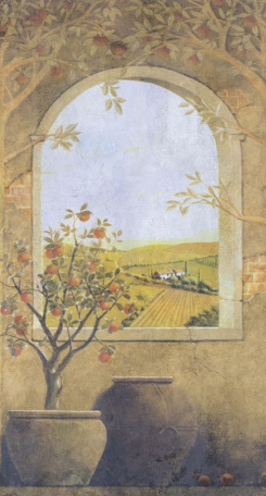Окно украшенное ветвями яблок