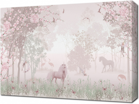 Розовые единороги в туманном лесу
