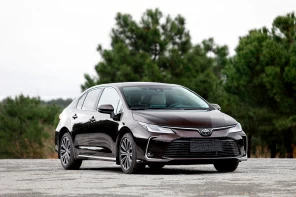 Черная Toyota Corolla на фоне зеленых деревьев