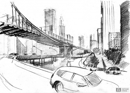 Бруклинский мост, рисунок карандашом
