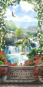 Украшенный цветами балкон с видом на водопад