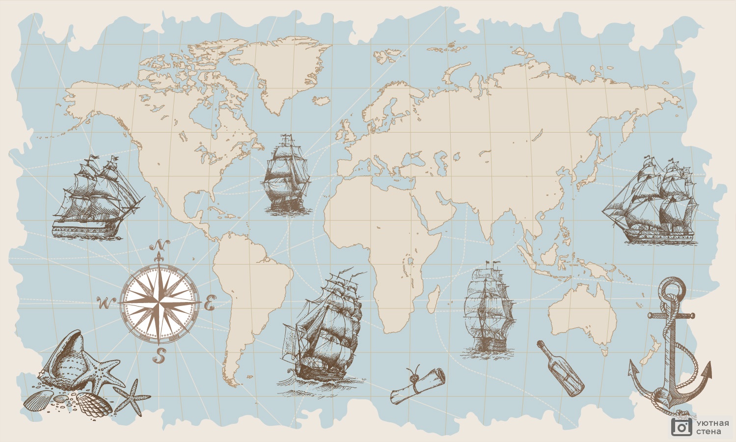 Фотообои Нарисованная карта мира в винтажном стиле - Арт. 060107 | Купить  в интернет-магазине Уютная стена