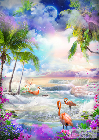 Райский пейзаж с фламинго и пальмами