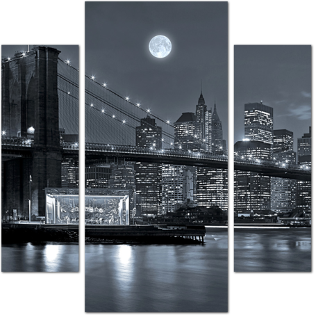 Черно-белое изображения Бруклинского моста на фоне луны, Нью-Йорк