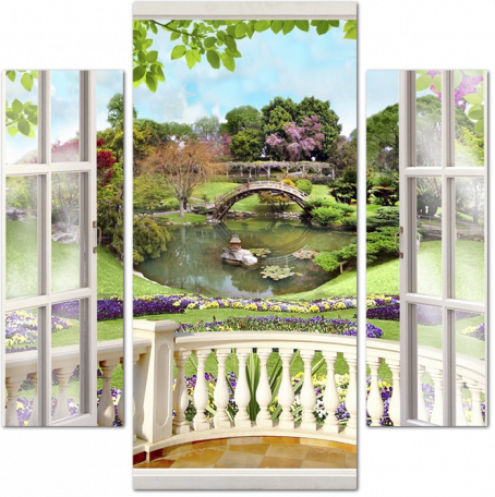 Балкон с видом на пруд в парке