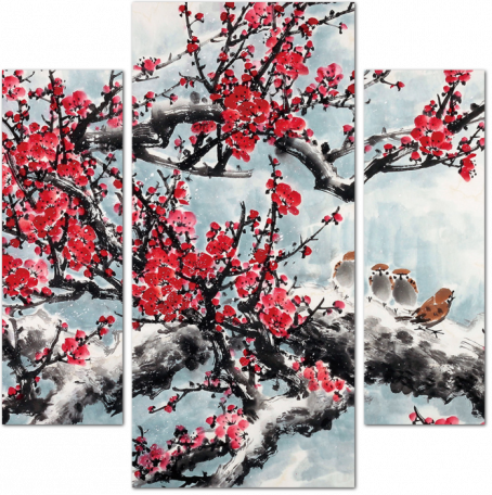 Цветущая сакура на белом фоне. Китайская живопись