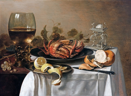 Питер Клас — Натюрморт с мясным пирогом, лимоном и хлебом для завтрака