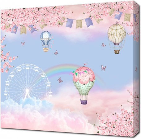 Воздушные шары в розовых облаках с ветвями сакуры