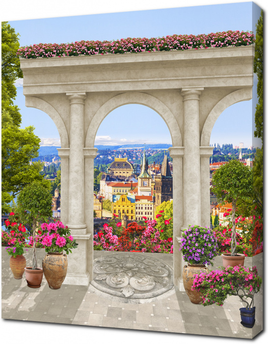 Старая арка с цветами с видом на город