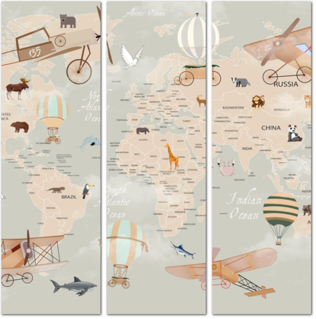 Детская карта мира с воздушными средствами и животными
