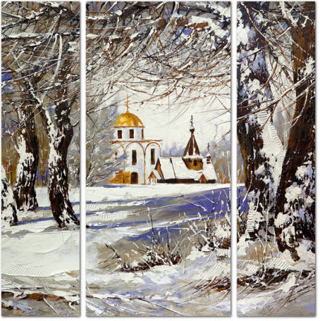 Зимний пейзаж с церковью в лесу