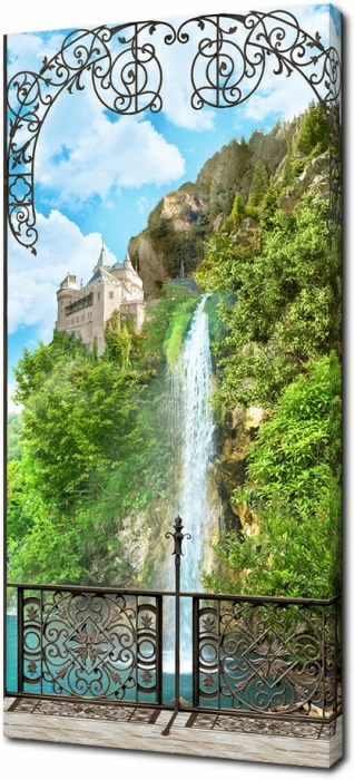 Вид с балкона на замок с водопадом