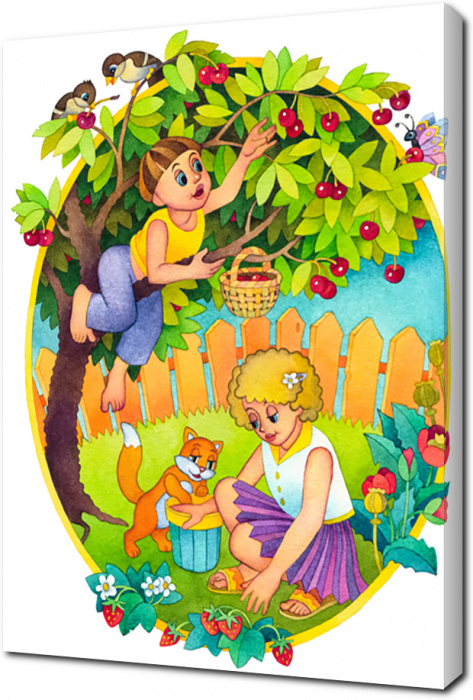 Дети собирают ягоды в саду