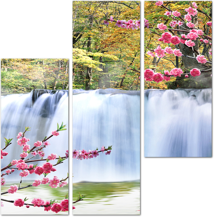 Цветущие деревья у водопада