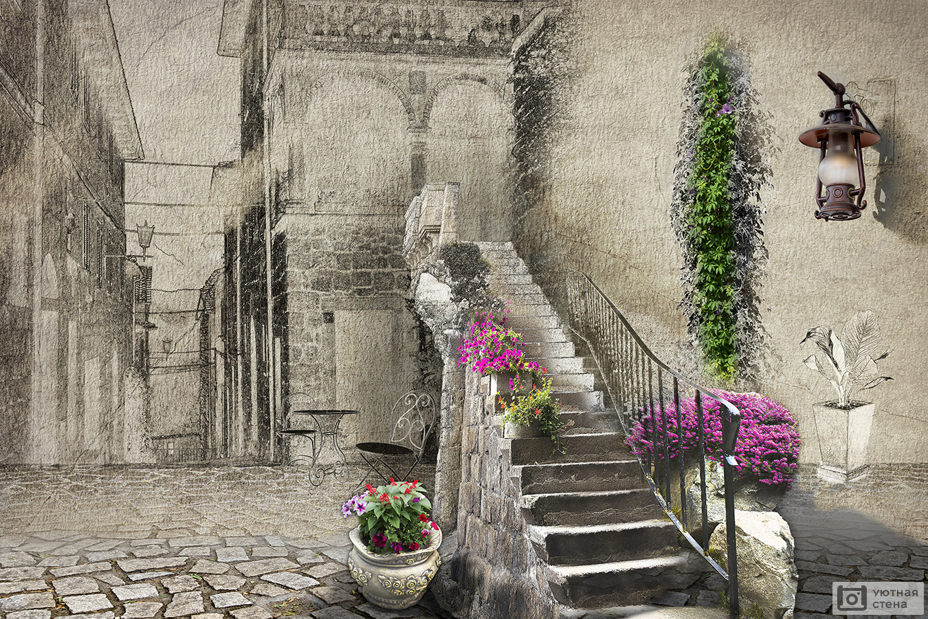 Оживающий рисунок дворика в Италии