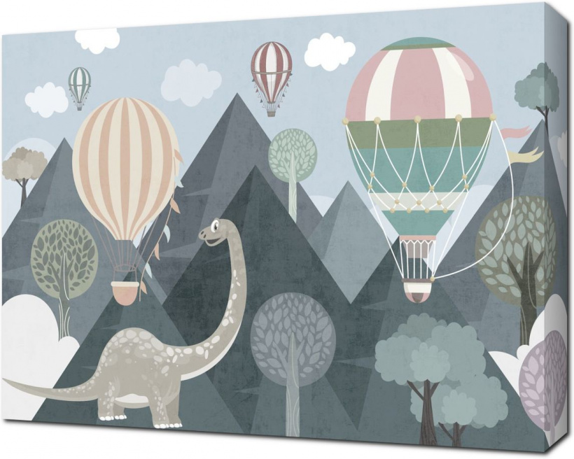 Динозавр и воздушные шары на фоне гор