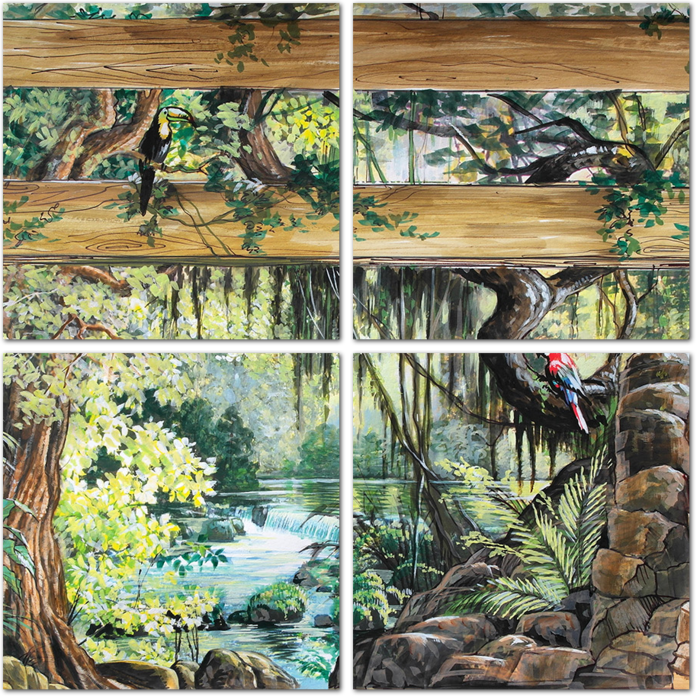 Нарисованный пейзаж с джунглями и водопадом