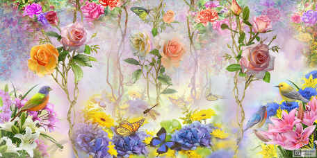 Дизайнерские фотообои Цветы, птицы и бабочки