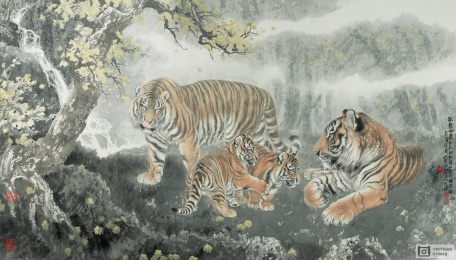 Гравюра с тиграми