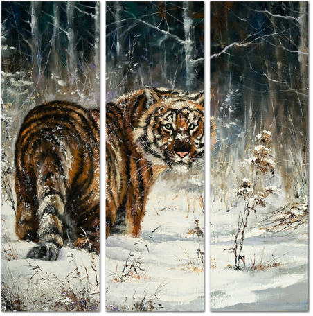 Пейзаж с тигром в зимнем лесу