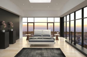 Современный дизайн спальни с видом на окружающий ландшафт
