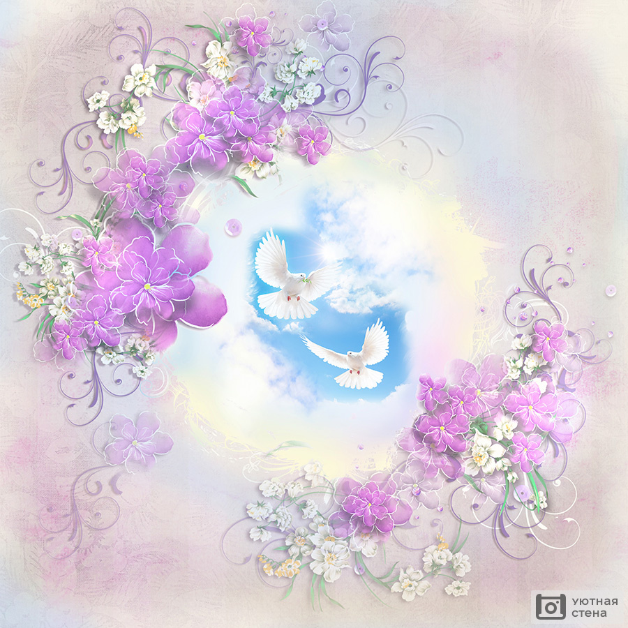 Два голубя и цветы