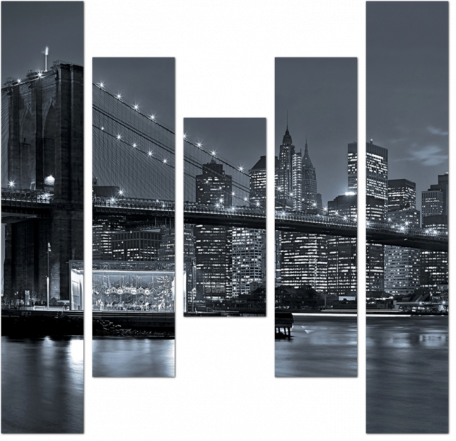 Черно-белое изображения Бруклинского моста на фоне луны, Нью-Йорк