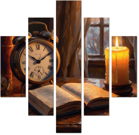 Часы, книга и свеча на столе