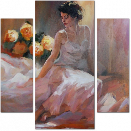 Девушка в белом на кровати с цветами