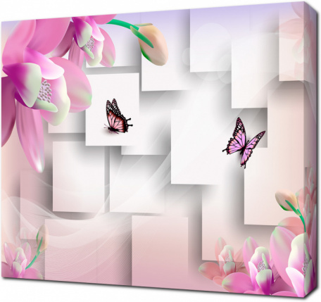 Тюльпаны и бабочки на фоне декоративных квадратов