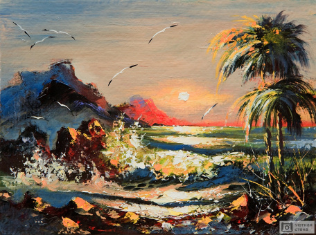 Морской пейзаж с пальмами и чайками