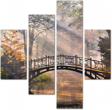 Старый мост в осеннем туманном парке