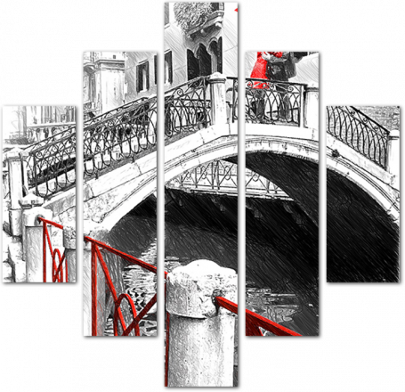 Черно-белая Венеции с красными деталями в стиле рисунка карандашом