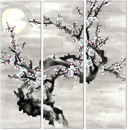Черно-белое цветущее дерево китайской тушью