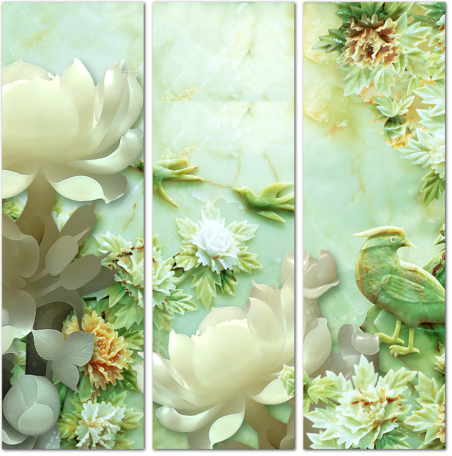 3D белые нефритовые цветы с птицами