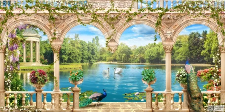 Терраса с павлинами и лебедями