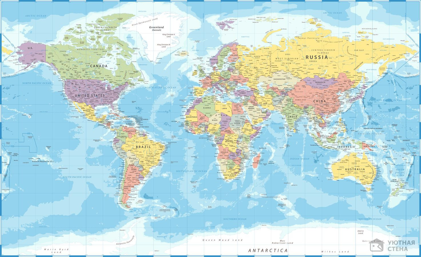 Политическая карта мира крупным планом на английском