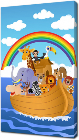 Животные на деревянной лодке на фоне радуги