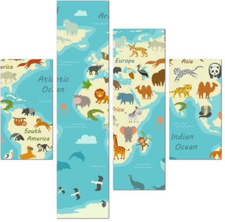 Векторная иллюстрация карты мира с животными
