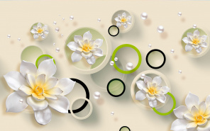 Бело-желтые лилии и разноцветные кольца на кремовом фоне