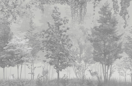 Олени и кролик в туманном лесу