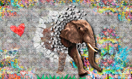 Слон проходит сквозь кирпичную стену, граффити