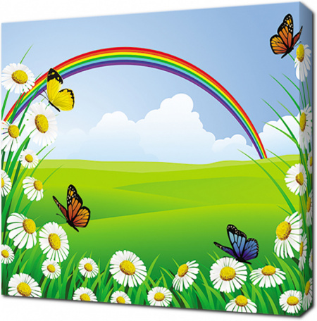 Ромашки с бабочками на фоне радуги