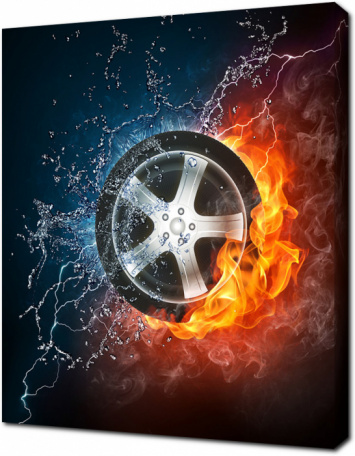 Колесо автомобиля в огне и воде