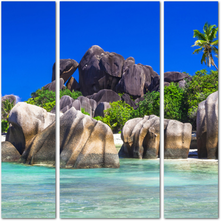 Тропический пляж с прозрачной водой и камнями